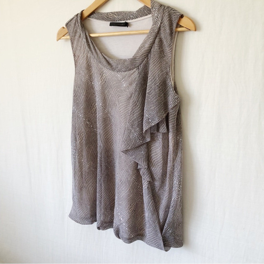DAVID LAWRENCE Size 10 Beige Grey Abstract Sleeveless Ruffle Chiffon Top Career - Picture 9 of 12